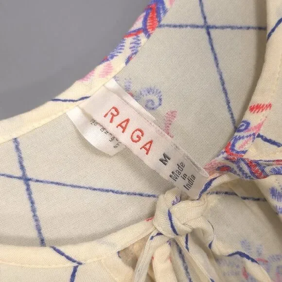 RAGA Anthropologie Top Women’s MEDIUM Juanita Ivory Printed Bell Sleeve Tie Neck - Picture 2 of 8